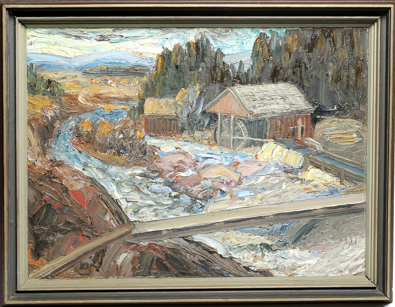 GÖSTA BOHM. Vattenkvarn, olja på pannå, signerad.