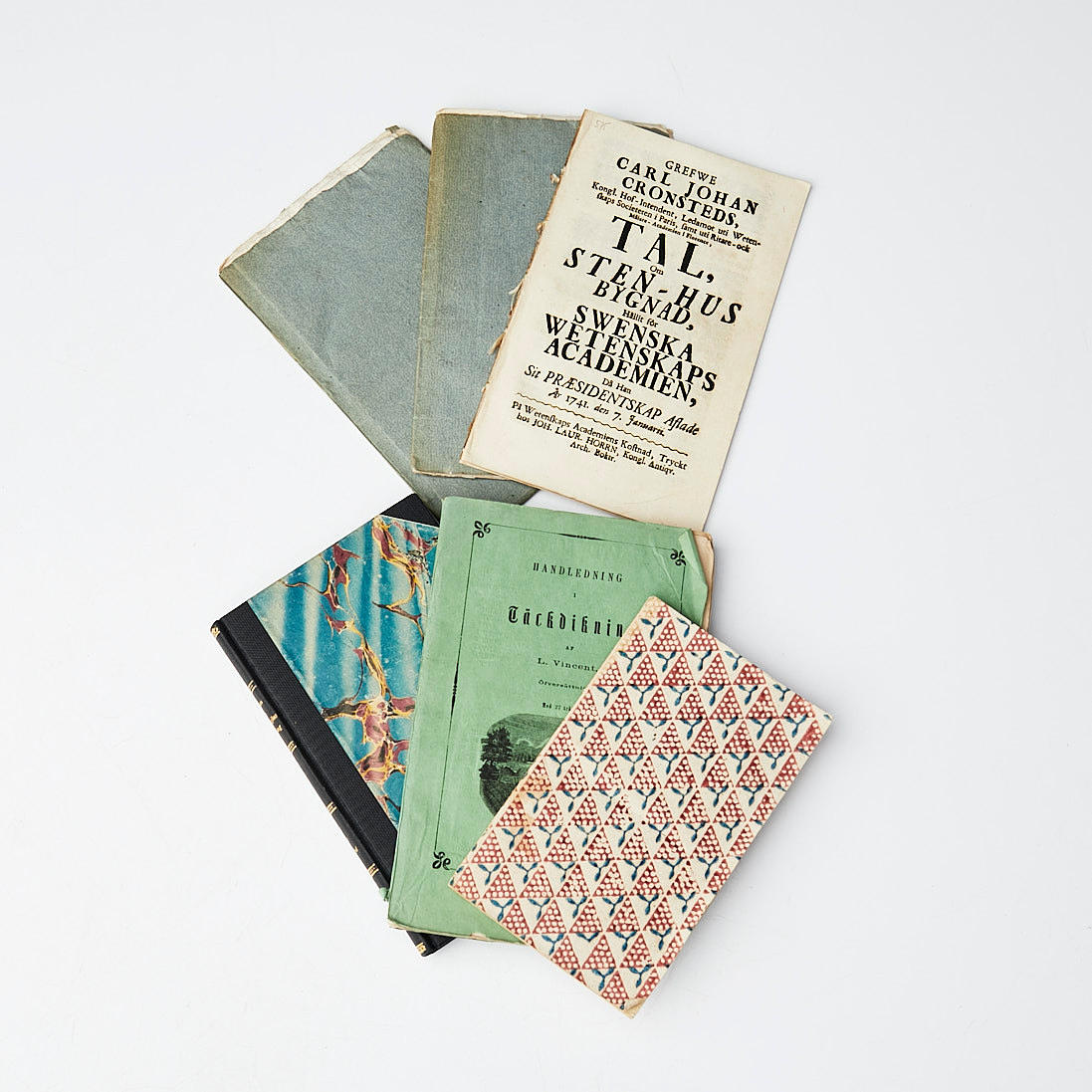 BOOKS, 6 pcs, Carl.Johan Cronstedt, Tal om sten-hus,,,,, 1741, JA Englund, The excavation of Gedungsen or Ragundasjön, 1853, AJ Retzius Anwisning till tree planting,,,, 1811.