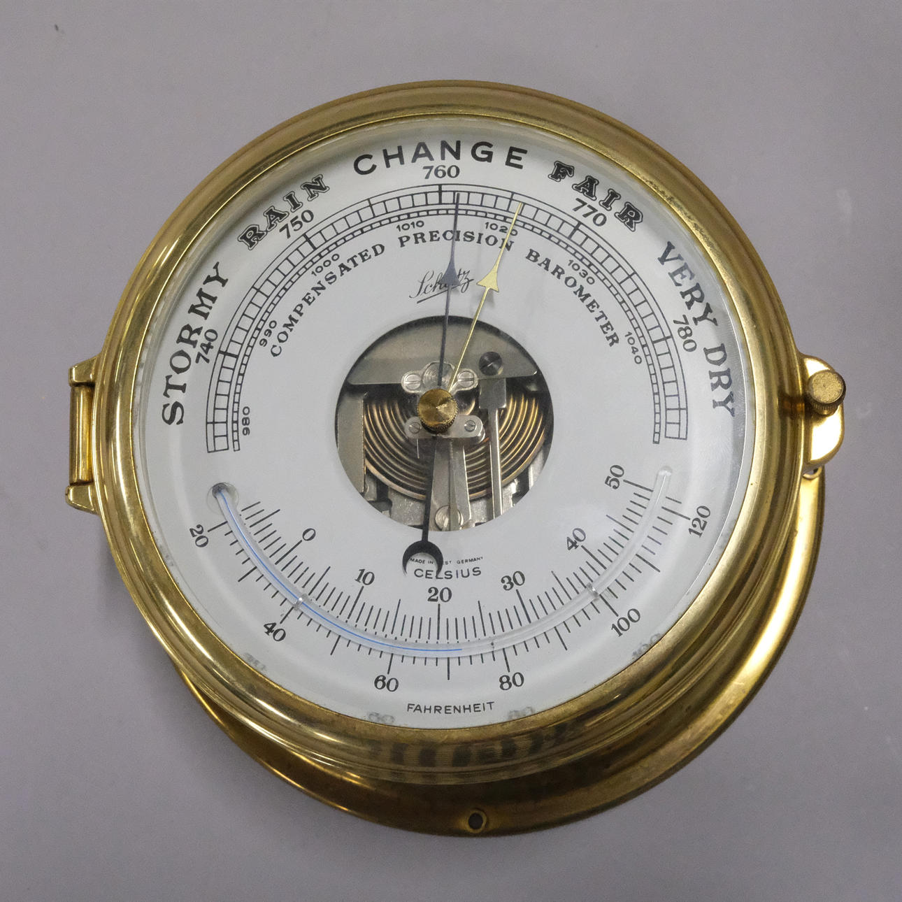SCHATZ, SCHIFFSBAROMETER/THERMOMETER, MESSING.