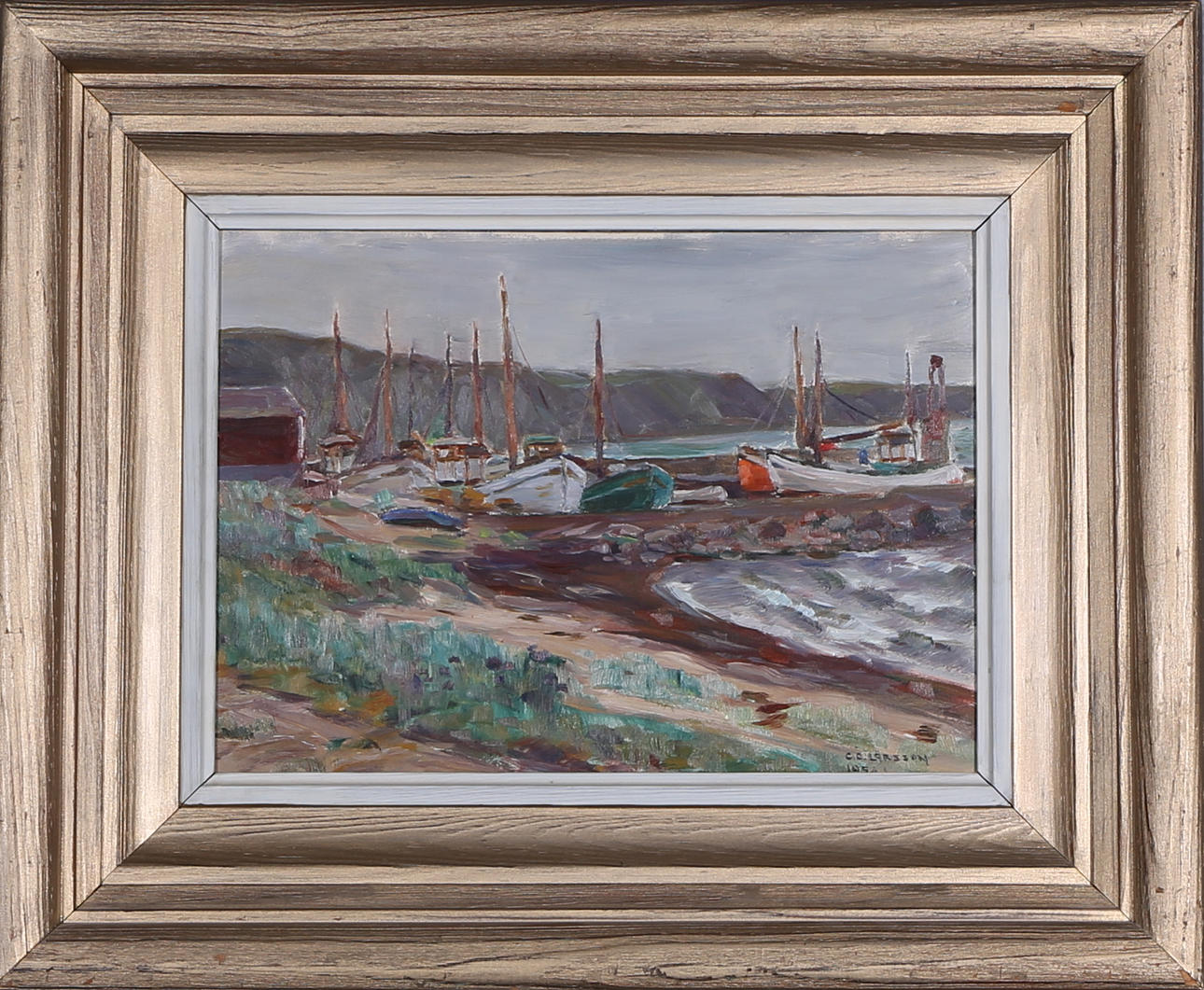 CARL OSCAR LARSSON. Oljemålning på pannå, "Kåseberga hamn".