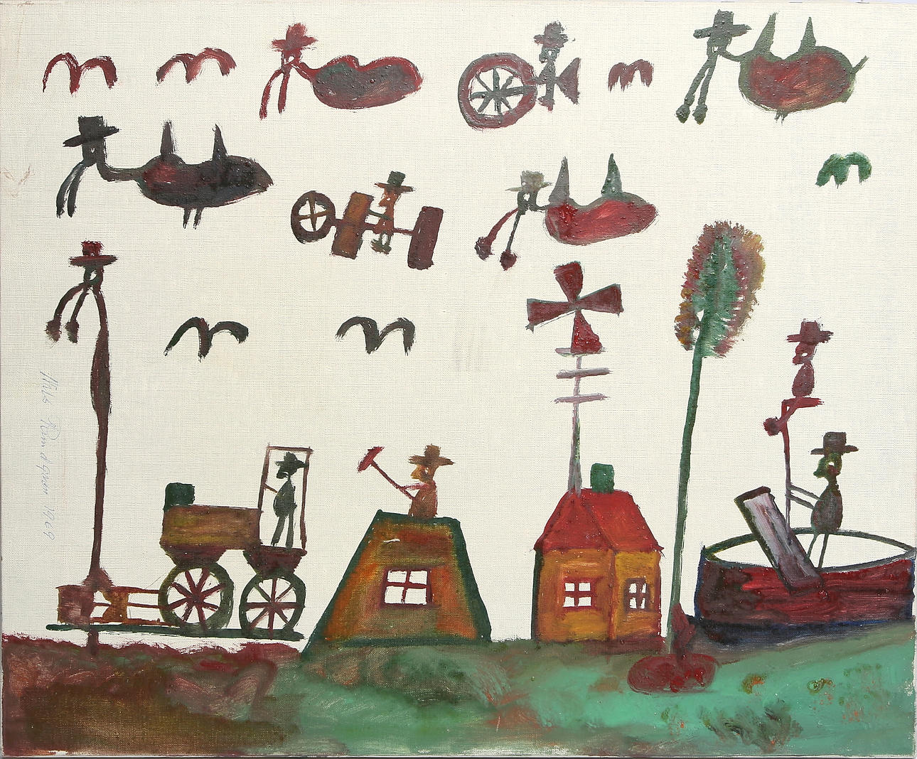 NILS "BJÖRNJÄGARN" RUNDGREN. Naivistisk figurscen, olja på duk, signerad och daterad 1969.