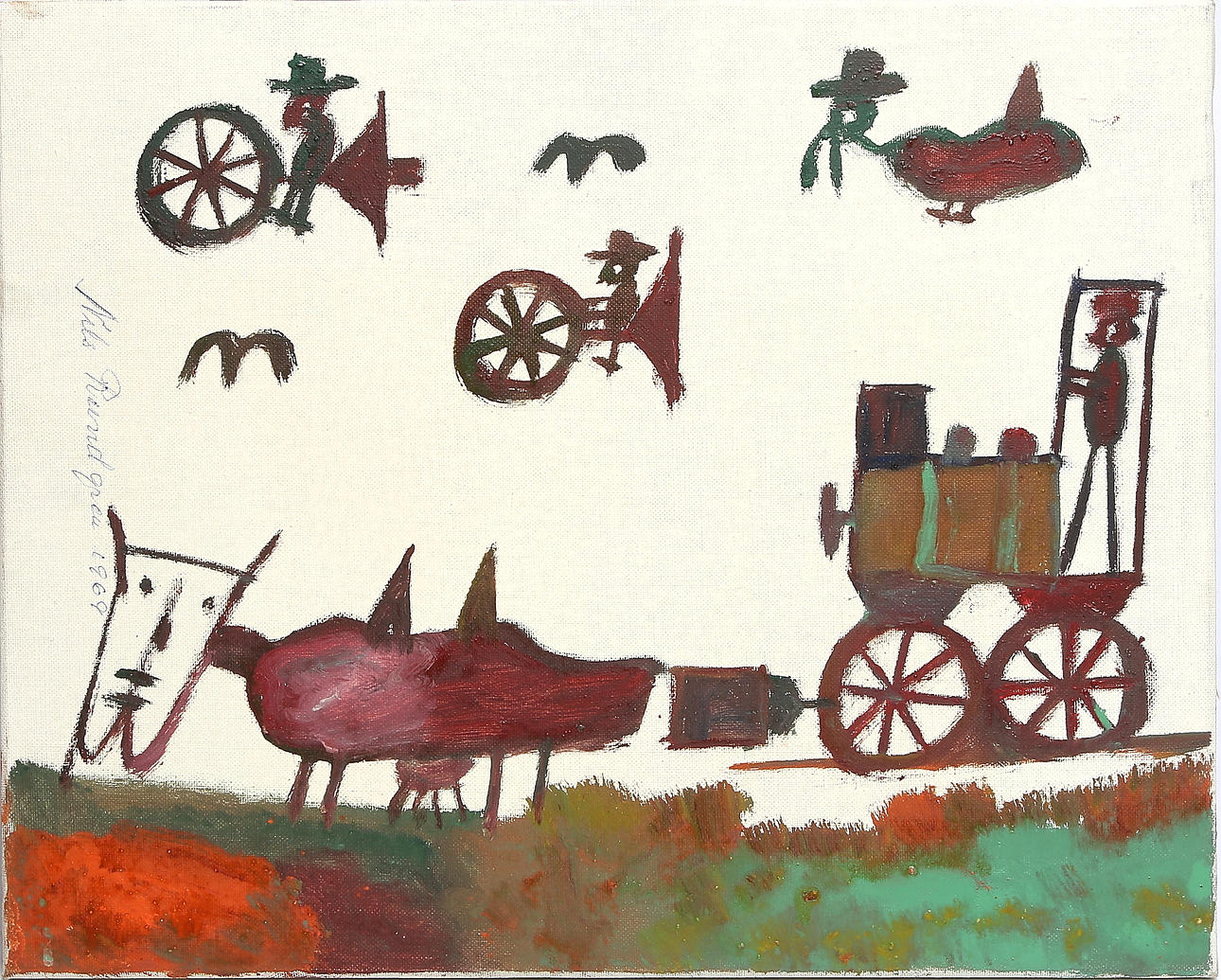 NILS "BJÖRNJÄGARN" RUNDGREN. Naivistisk figurscen, olja på duk, signerad och daterad 1969.