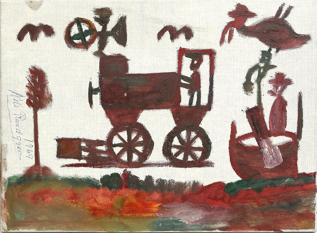 NILS "BJÖRNJÄGARN" RUNDGREN. Naivistisk figurscen, olja på duk, signerad och daterad 1969.