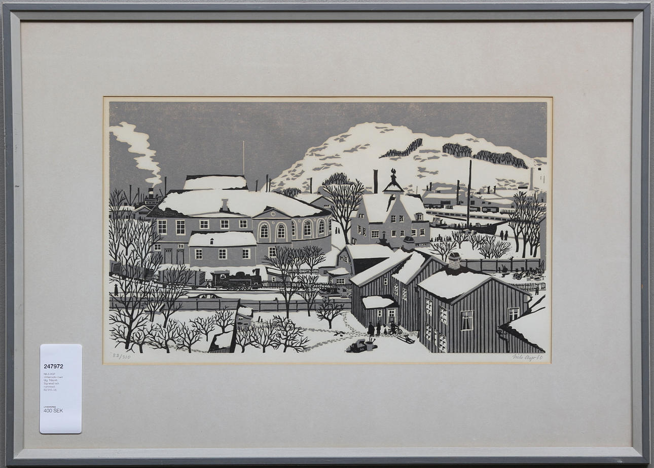NILS ASP. Vintermotiv med tåg. Träsnitt. Signerad och numrerad 82/310.