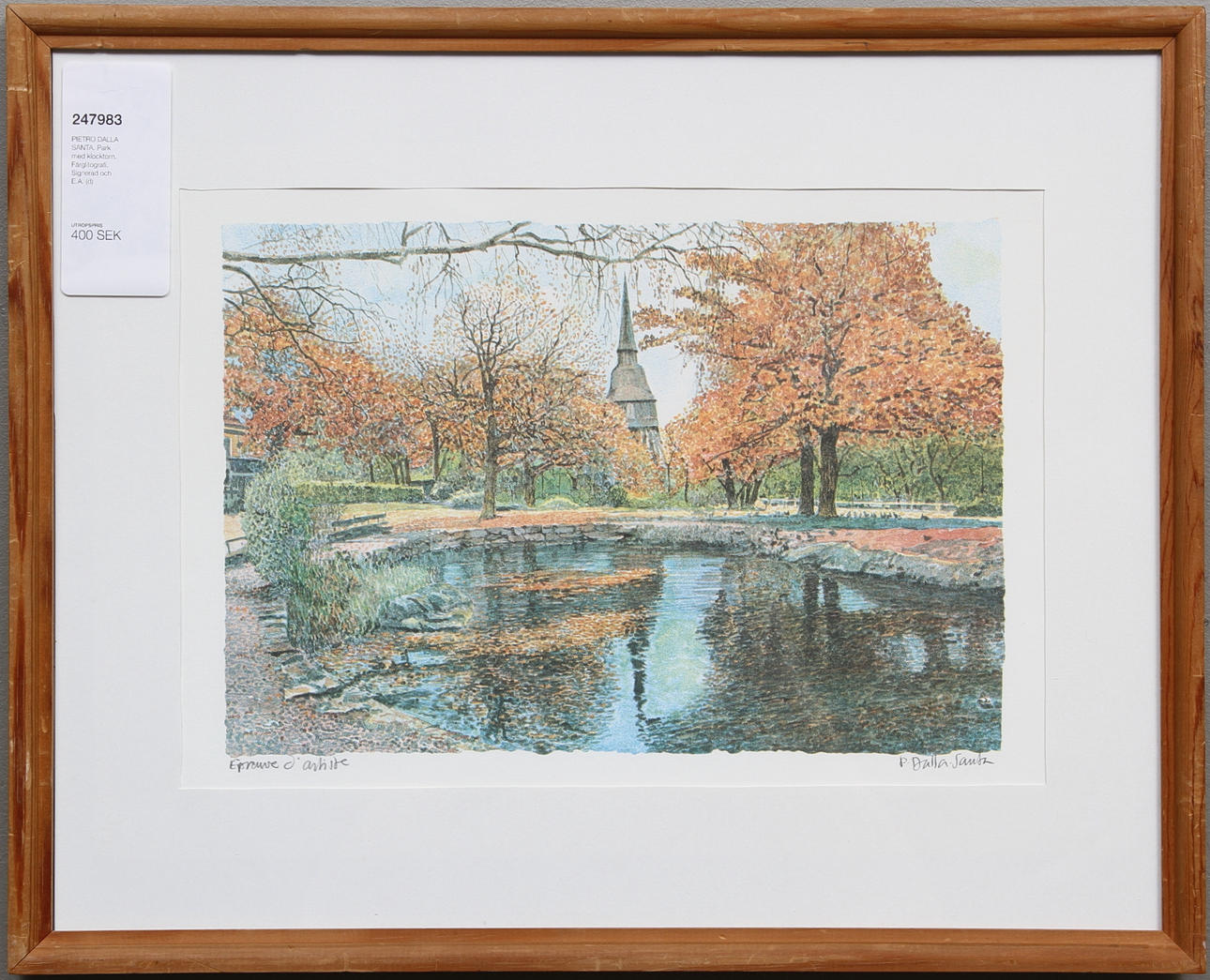 PIETRO DALLA SANTA. Park med klocktorn. Färglitografi. Signerad och E.A.