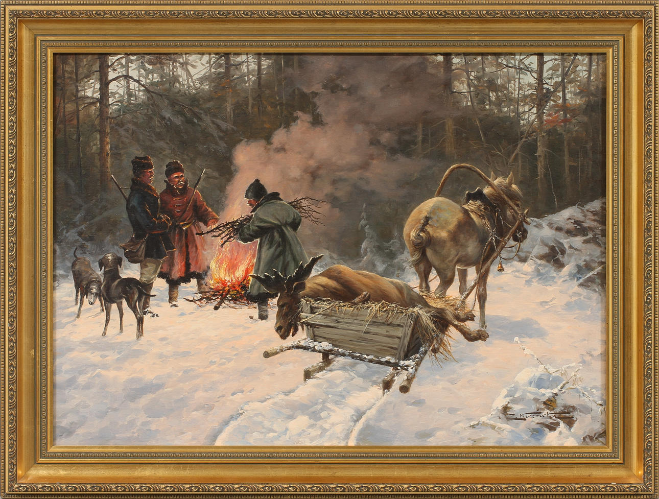 ZYGMUNT KACZOWKA. Efter älgjakten, olja på duk, signerad.