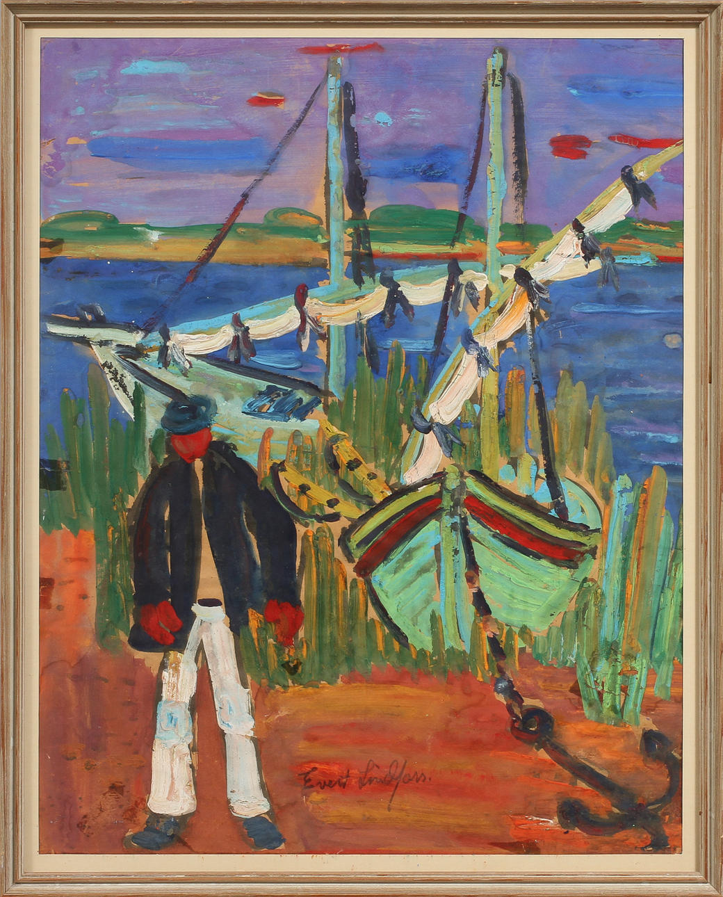 EVERT LINDFORS. Figur vid båtar, blandteknik på papper, signerad.