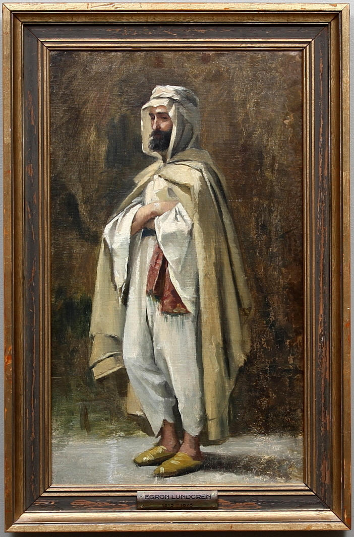 EGRON LUNDGREN. Motiv med beduin. Olja på duk, uppklistrad på pannå. A tergo "Beduin af Ergon Lundgren".