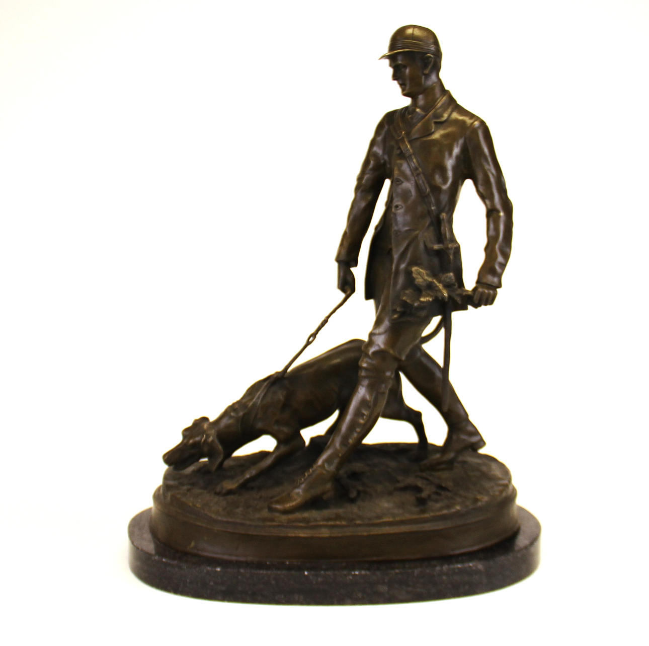 GAME KEEPER WITH HIS DOG SIGNED BRONZE FIGURE.