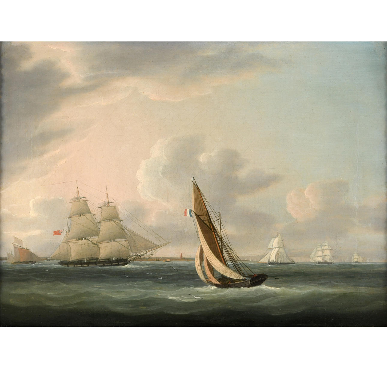WILLIAM JOHN HUGGINS (1781-1845). SHIPPING IN THE ENGLISH CHANNEL: FRIGATES, WITH A FRENCH SAILING BOAT IN THE FOREGROUND.