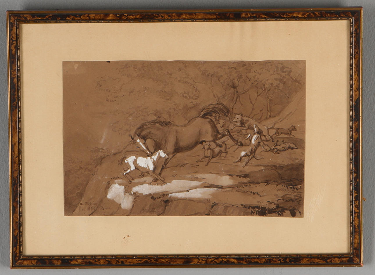 OKÄND KONSTNÄR. Vargar på hästjakt, tuschlavering och täckvitt, signerad Wetterling 1880 Rome.