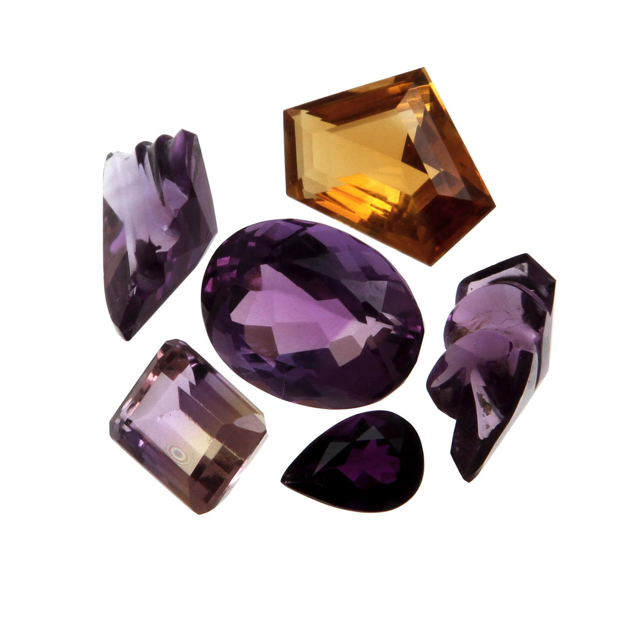 ÄDELSTENAR, 6 st, Ametrin, Citrin samt Ametister, totalt 30,5 ct.