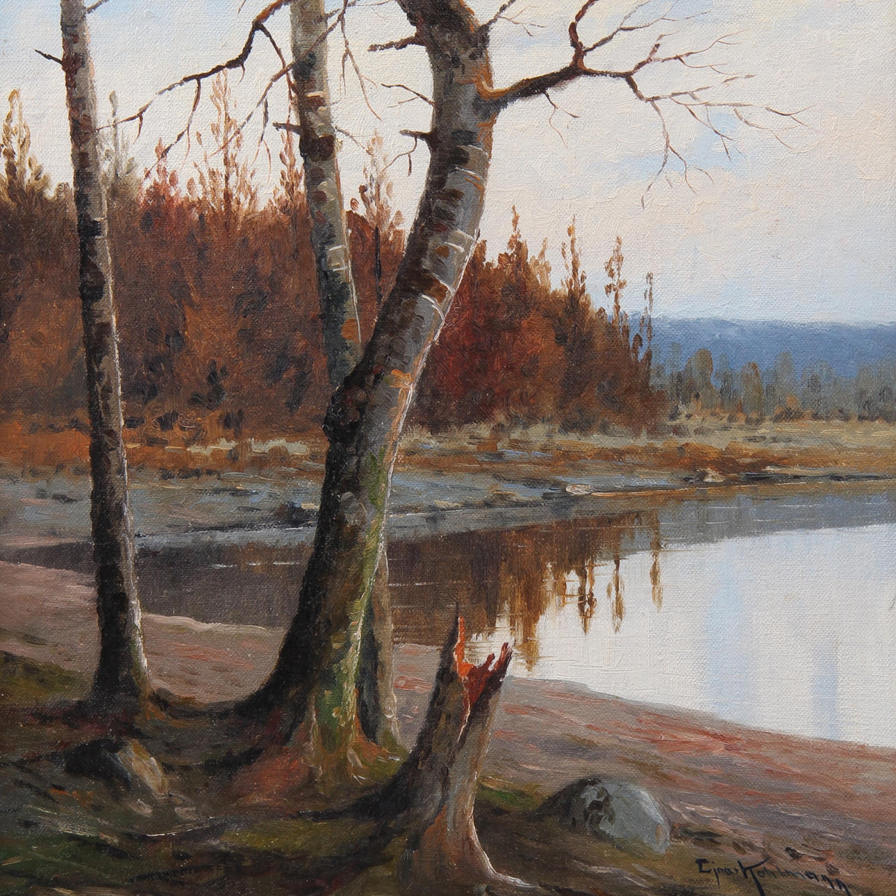 EJNAR KOHLMANN. Olja på duk, träd vid sjö, signerad.