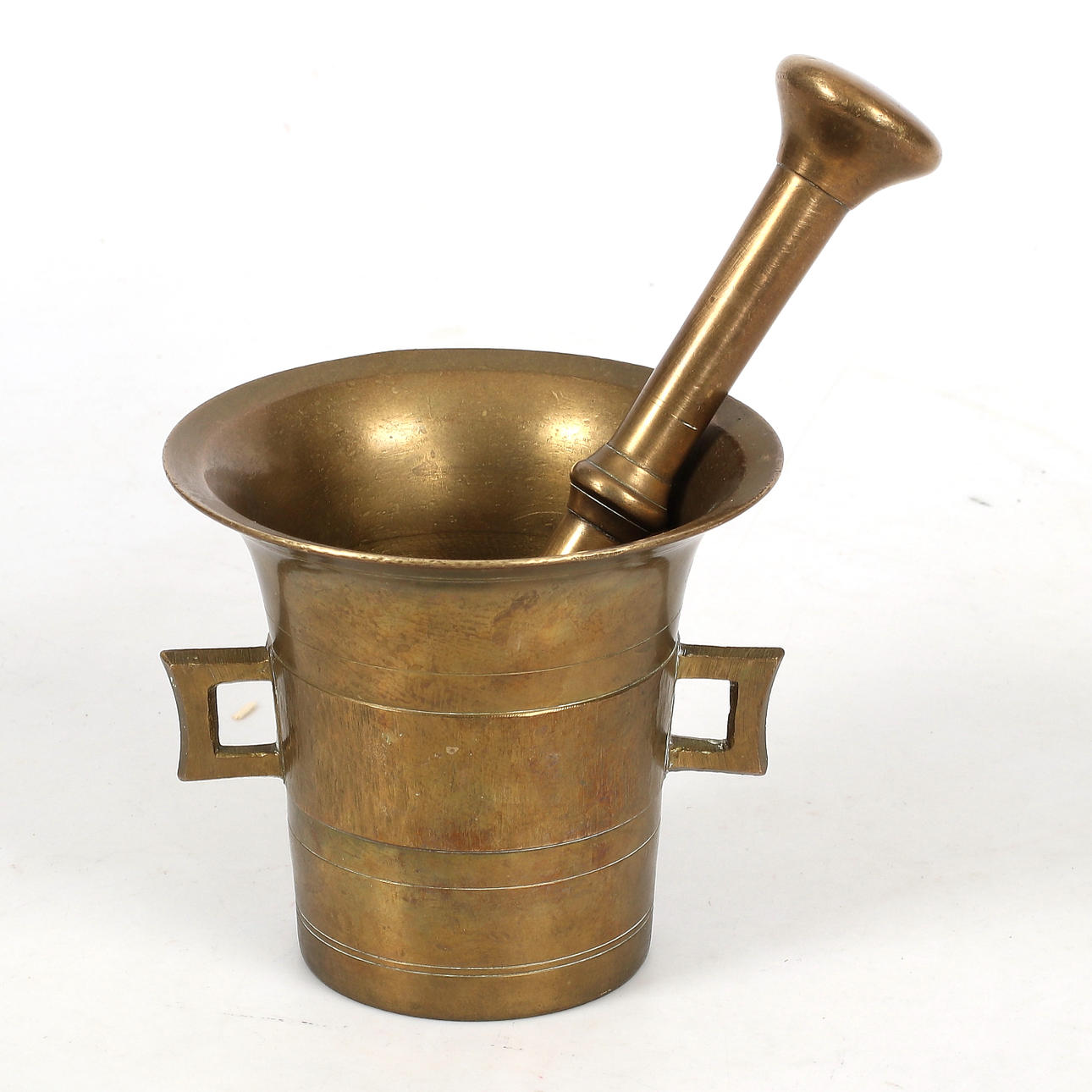 MORTAR with STÖT, brass, 1900s.