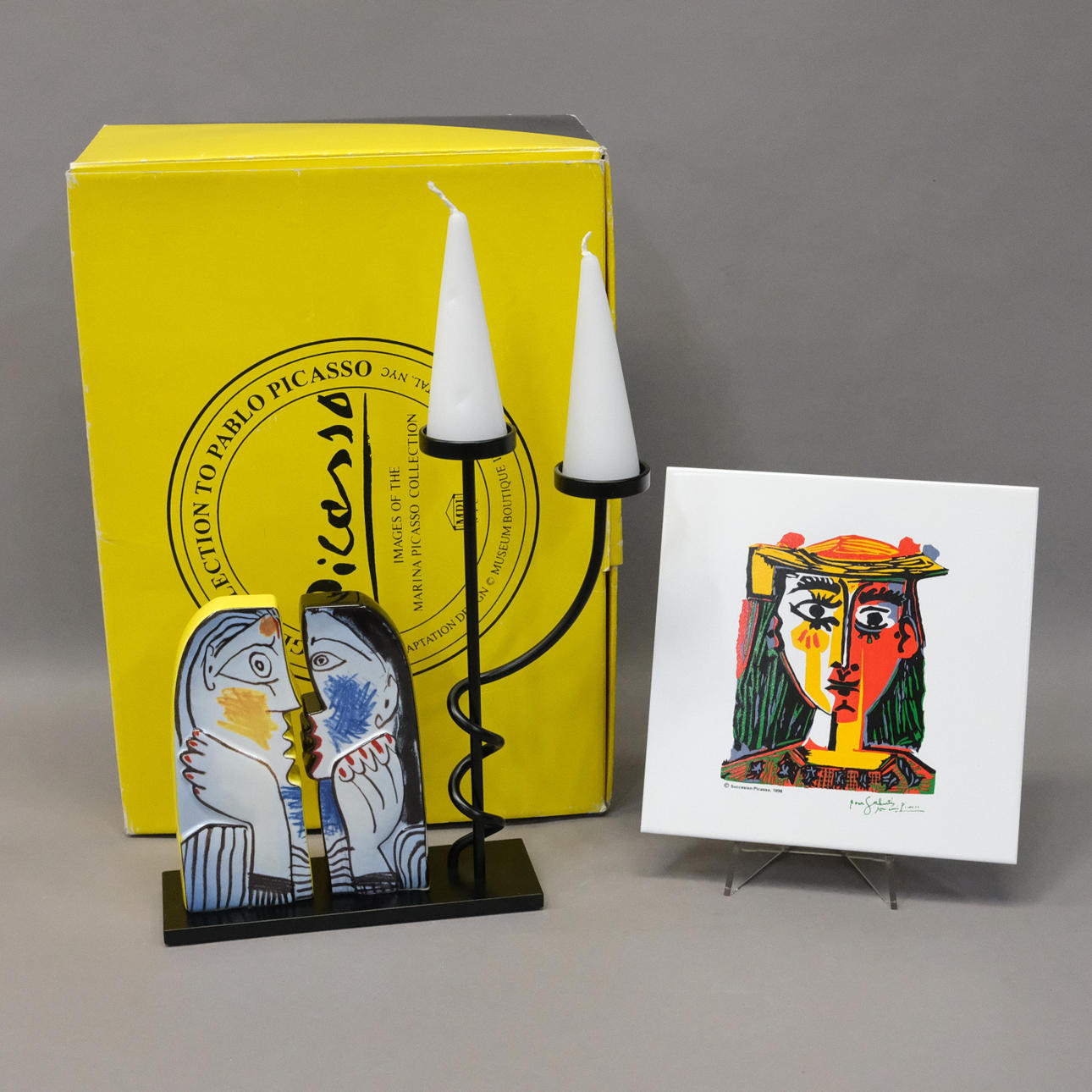 GOEBEL. CANDLESTICK AND A CERAMIC PLATE, BY PICASSO.