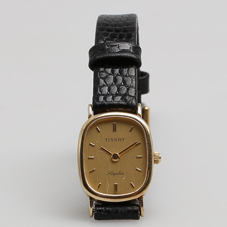 DAMARMBANDSUR, Tissot, Sapir, 18 karat gulguld, Swiss.