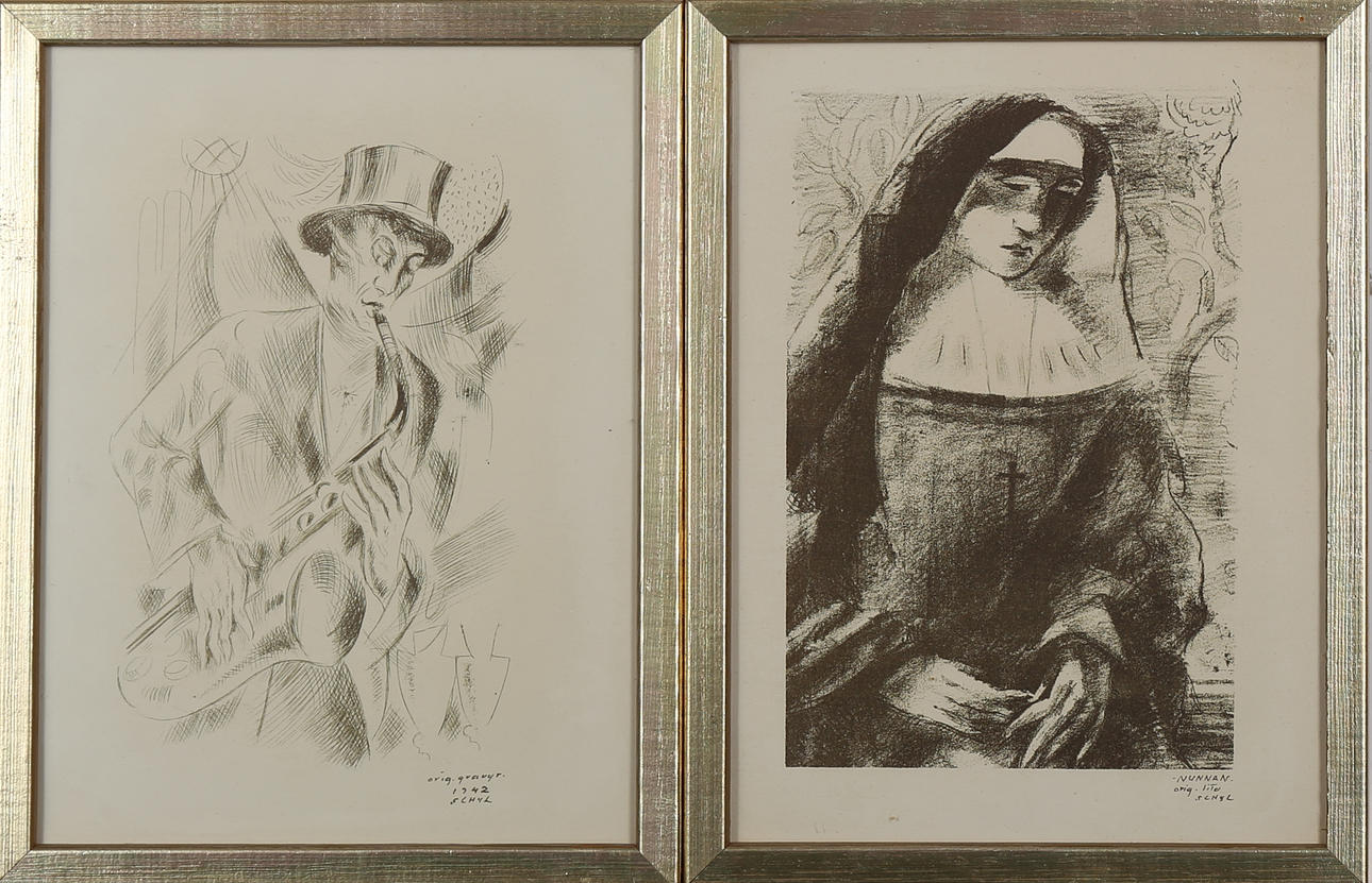JULES SCHYL. Parti tavlor, 2 st, "Nunnan" och saxofonist, litografi och gravyr, signerade Schyl och 1 daterad 1942.