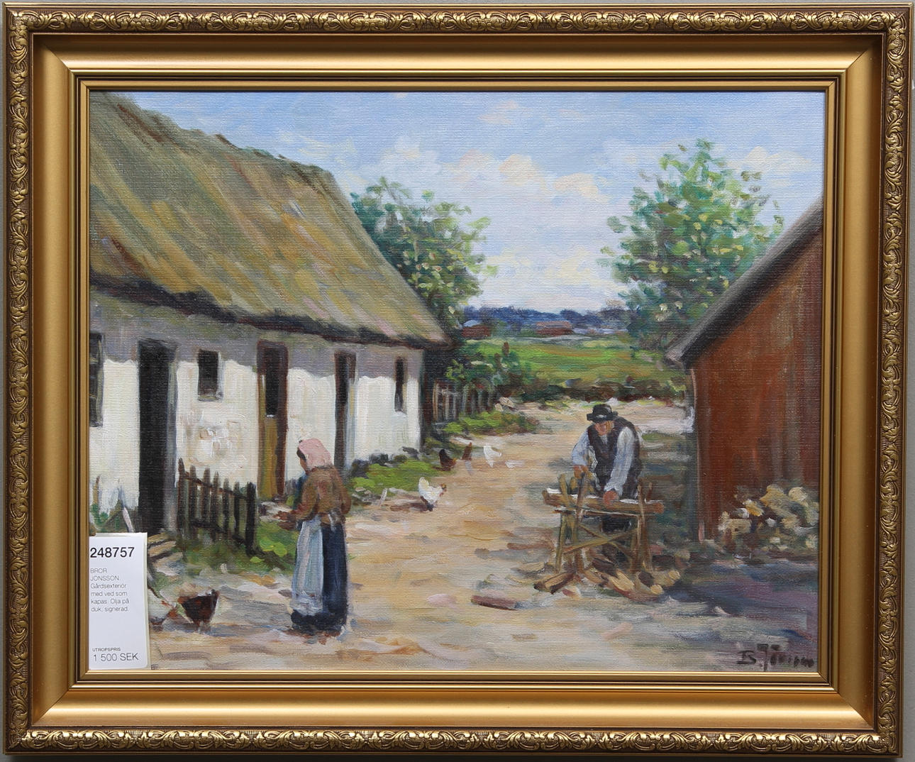 BROR JÖNSSON. Gårdsexteriör med ved som kapas. Olja på duk, signerad.