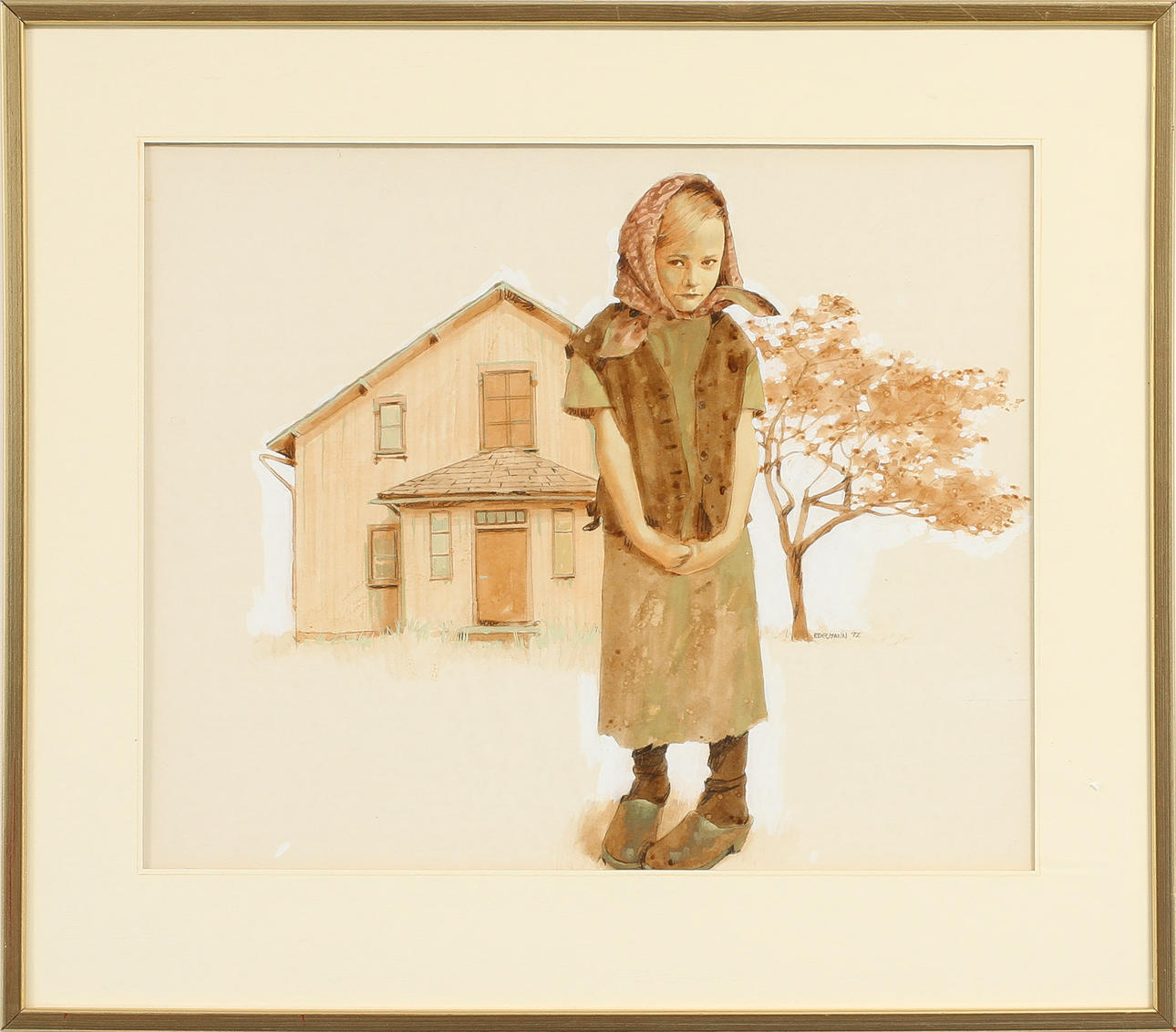 YRJÖ EDELMANN. Flicka vid hus. Blandteknik, signerad och daterad 72.