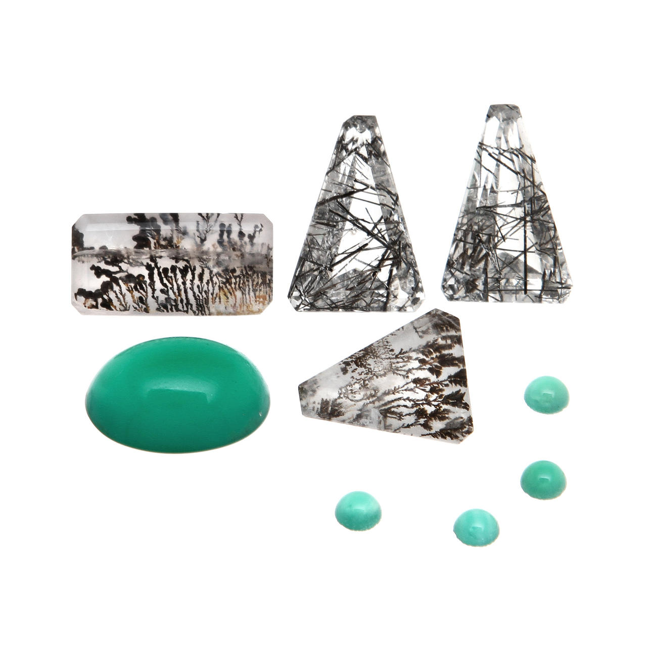 ÄDELSTENAR, 9 st, Dendritisk kvarts, Krysopras samt bergskristall med turmalin-inneslutningar, totalt 37,5 ct.