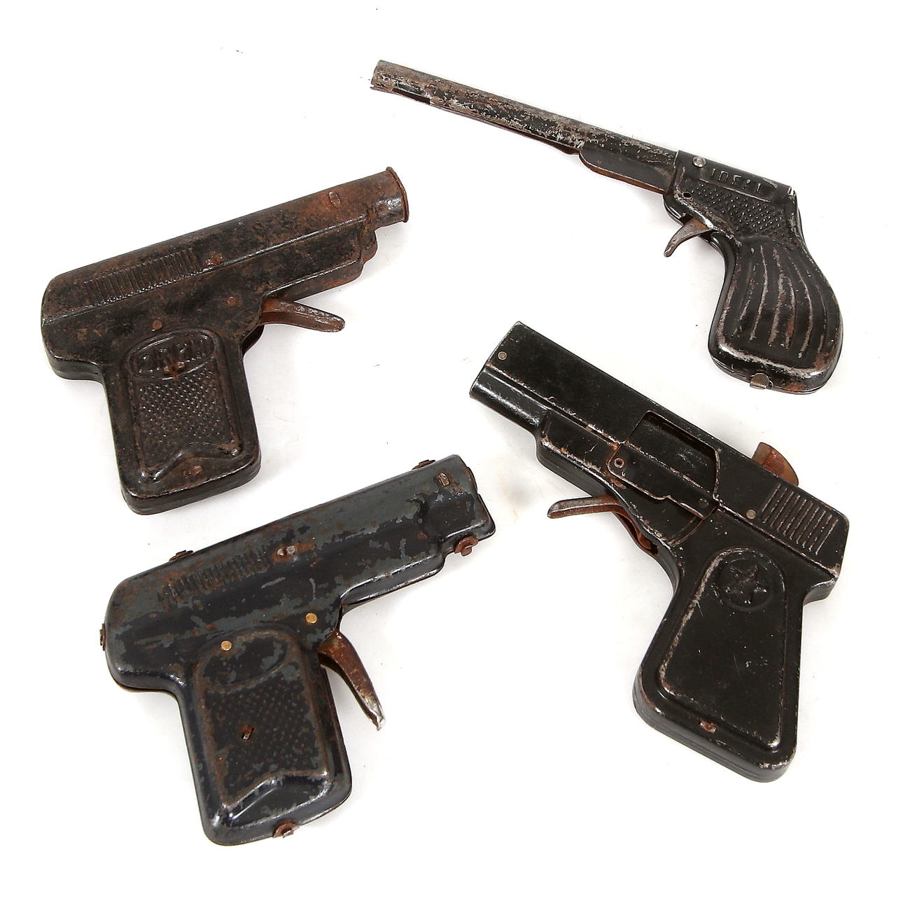TOY PISTOLS, 4 pcs., tin, mostly Germany, 1940s.