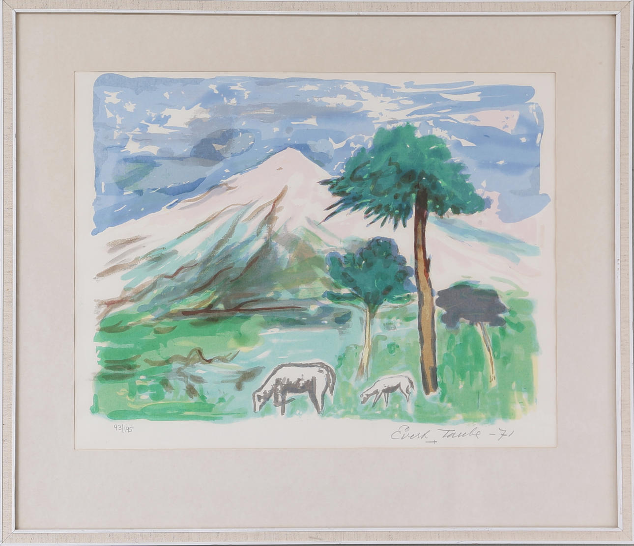 EVERT TAUBE. Landskapsmotiv, färglitografi, numrerad 43/195, signerad och daterad Evert Taube -71.
