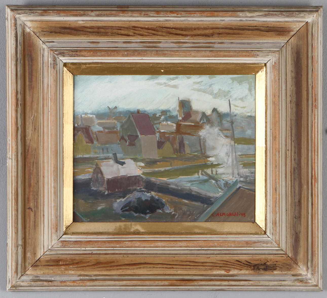 ERIK ALMGREN. Vy över Simrishamn, olja på pannå, signerad och daterad -48.