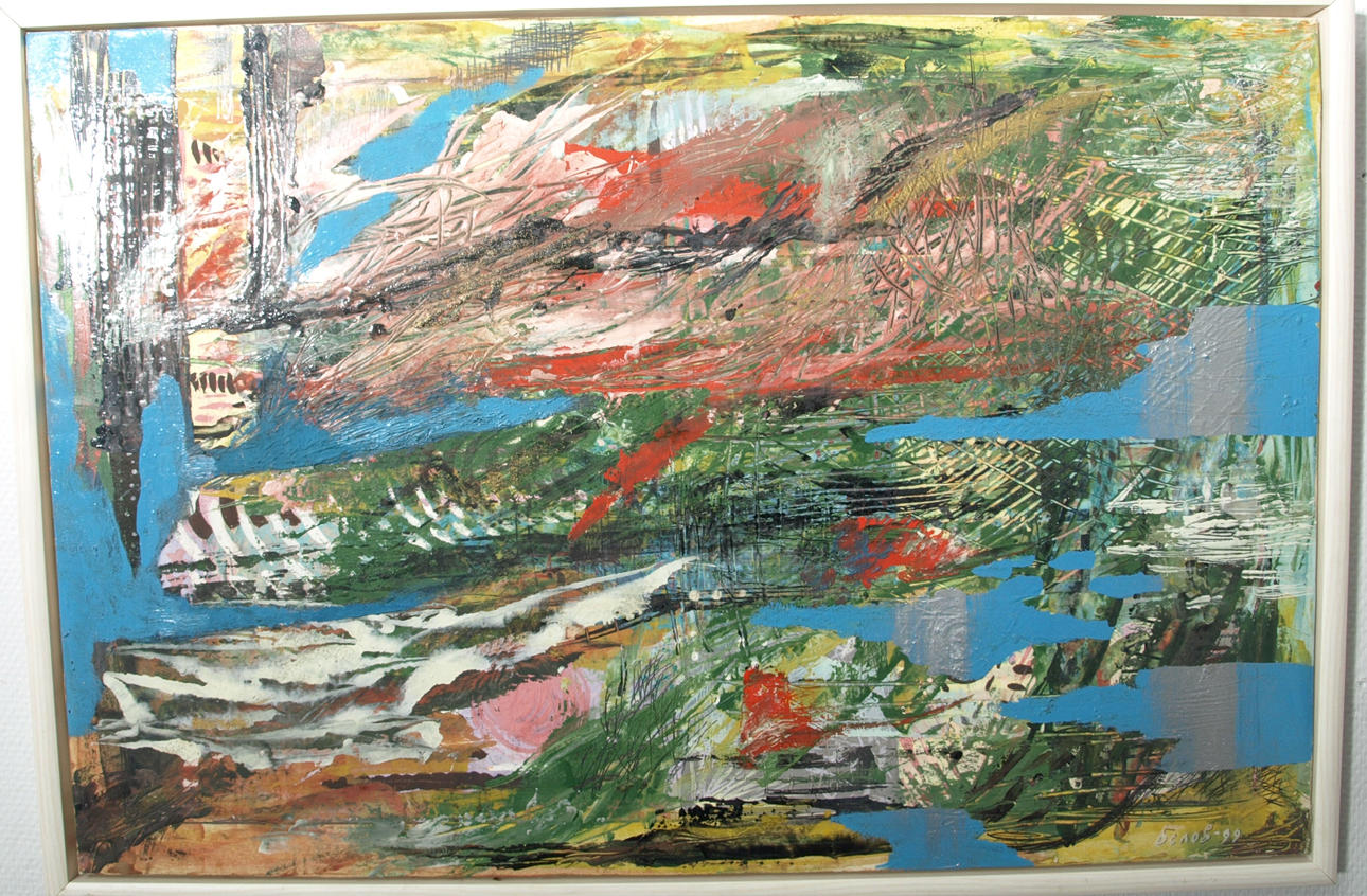 OIDENTIFIERAD KONSTNÄR. Olja på papper, uppklistrad på trä, Komposition, signerad Belov -99, Ryssland.