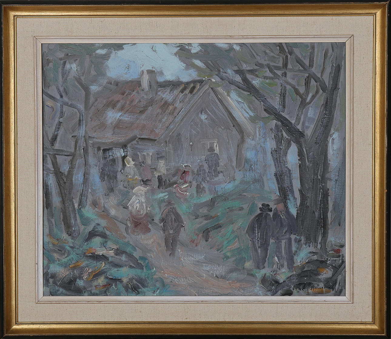 ÅKE WICKSTRÖM. Olja på duk, personer vid hus, signerad Å Wickström.