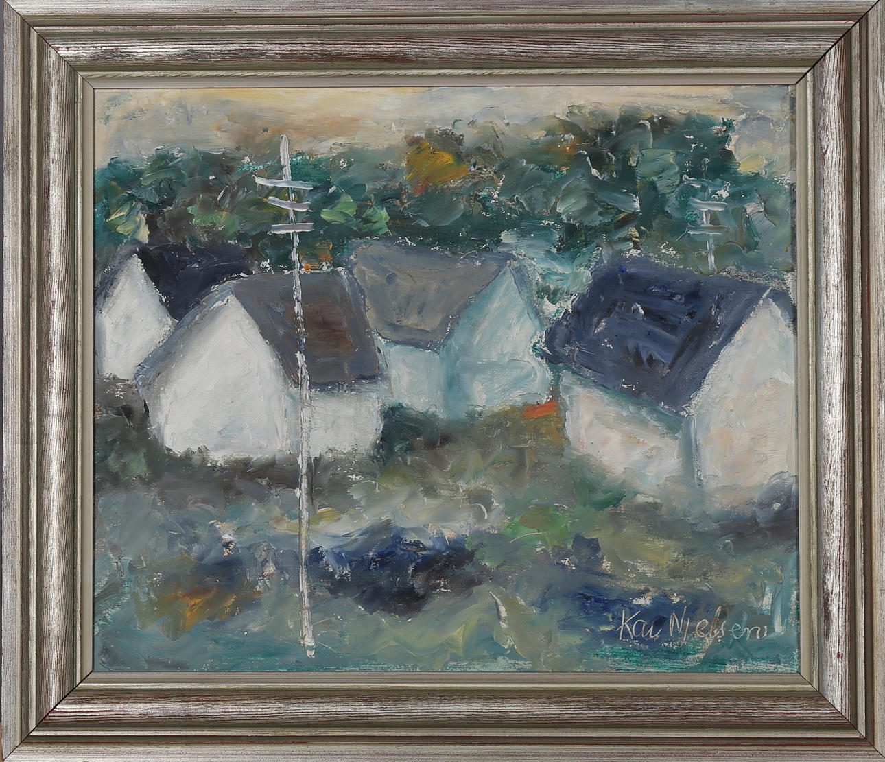 KAI NIELSEN. Olja på pannå, hus i landskap, signerad.