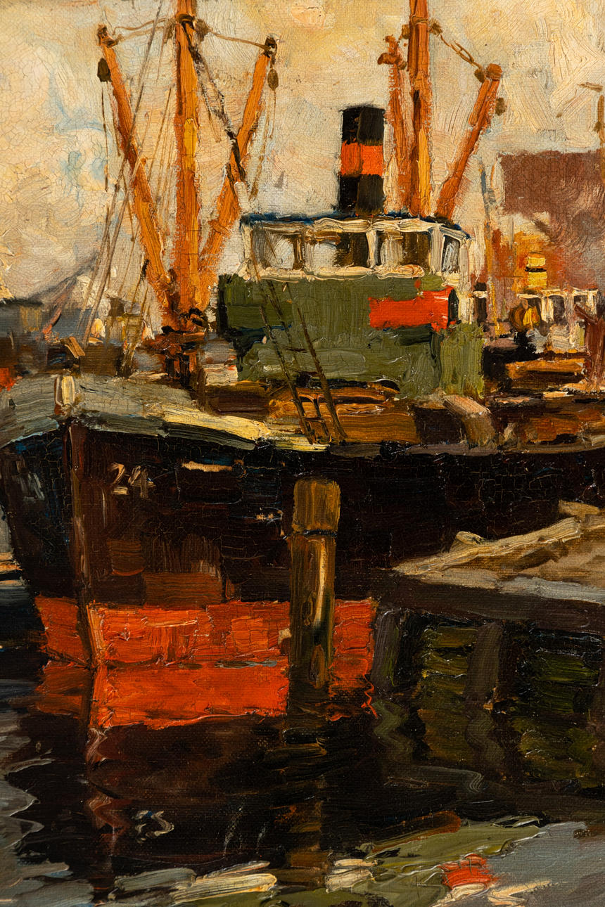 ALEXANDER RAU (1878-1944). Fiske trålare i hamnen. Konst - Måleri ...