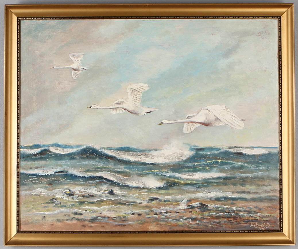 ELIS BARKSTEDT. Kustlandskap med flygande svanar, olja på pannå, signerad samt daterad 1940.