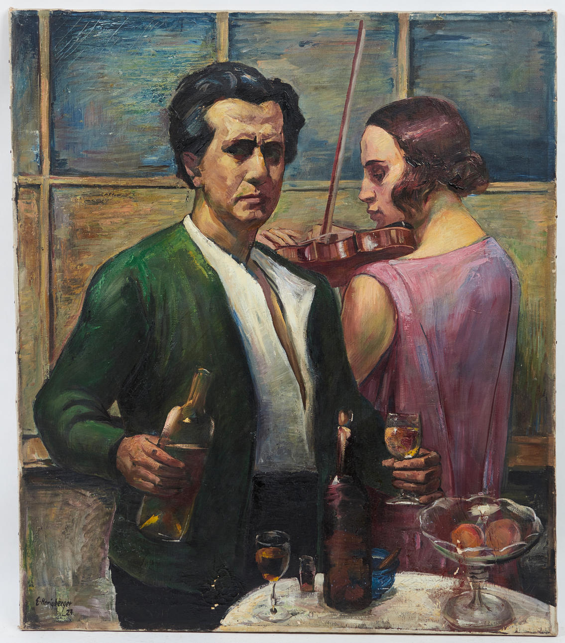 ERNST HONIGBERGER. Gemälde, 'Selbstbildnis' mit Violine, 1927.