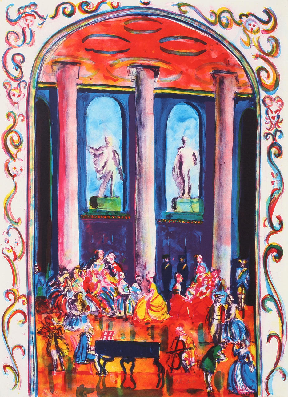 PETER DAHL. "Bal på slottet", färglitografi, signerad samt numrerad 103/375.