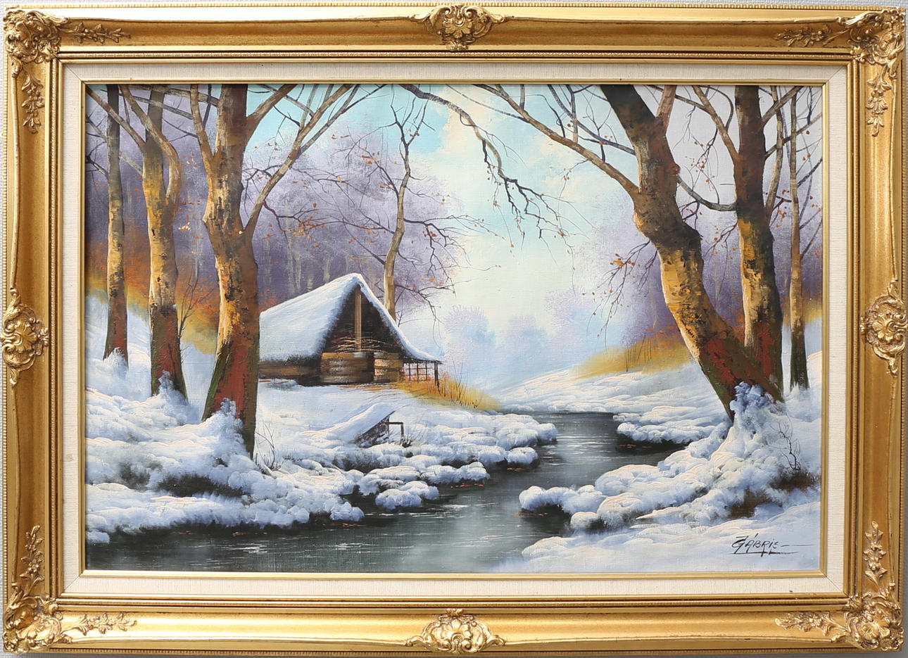 OIDENTIFIERAD KONSTNÄR. Vinterlandskap med stuga och bäck. Olja på duk, signerad Gabris.