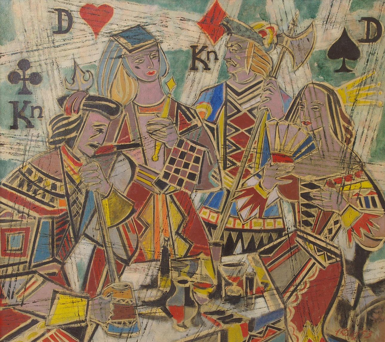 ENDEL KÖKS. "Damer och knektar", olja på duk, signer E Köks 53.