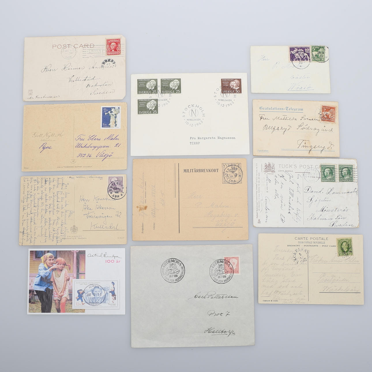 BRIEFMARKEN, auf Postkarten und Briefen, Schweden, USA.