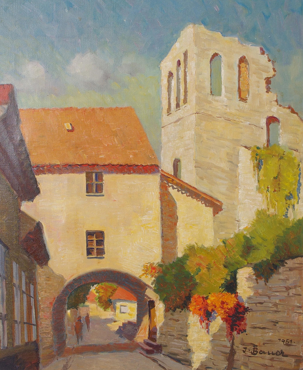 OIDENTIFIERAD KONSTNÄR. Visbymotiv, olja på duk, signerad J. Bauer 1951.