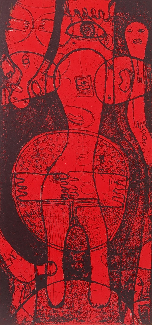 YOSHIO NAKAJIMA. Figurkomposition i rött, färglitografi, signerad 1974.