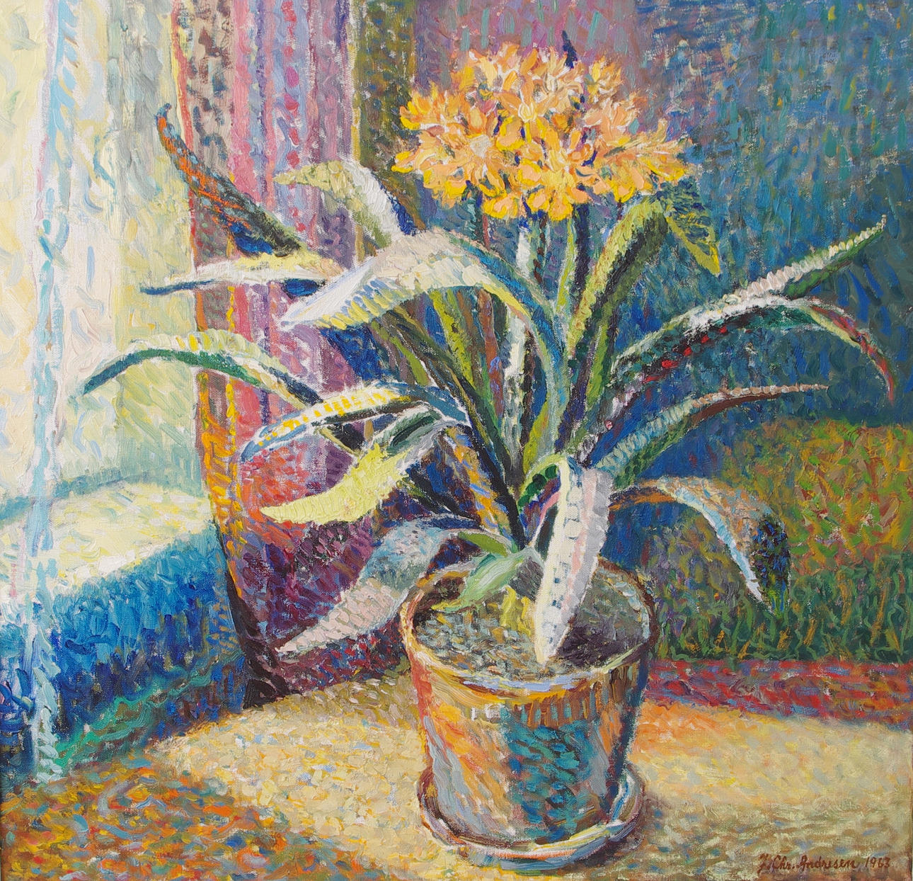 OIDENTIFIERAD KONSTNÄR. "Blommande lilja", olja på duk, signerad J. Chr. Andresen.