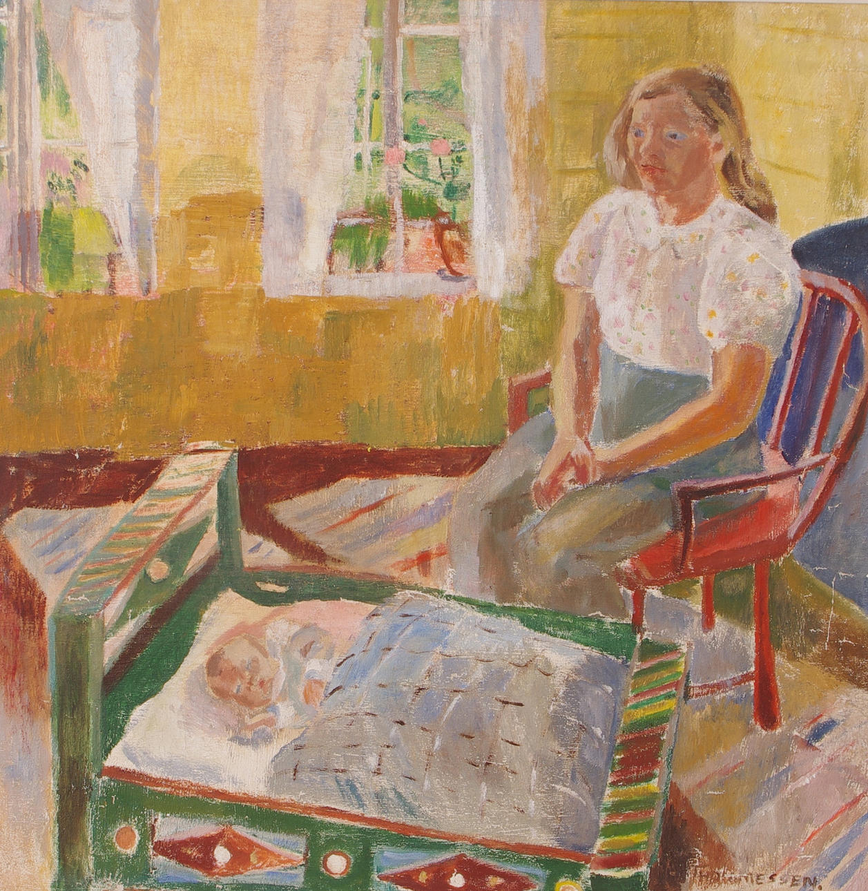 OIDENTIFIERAD KONSTNÄR. Interiör med kvinna och barn, olja på duk, otydligt signerad.