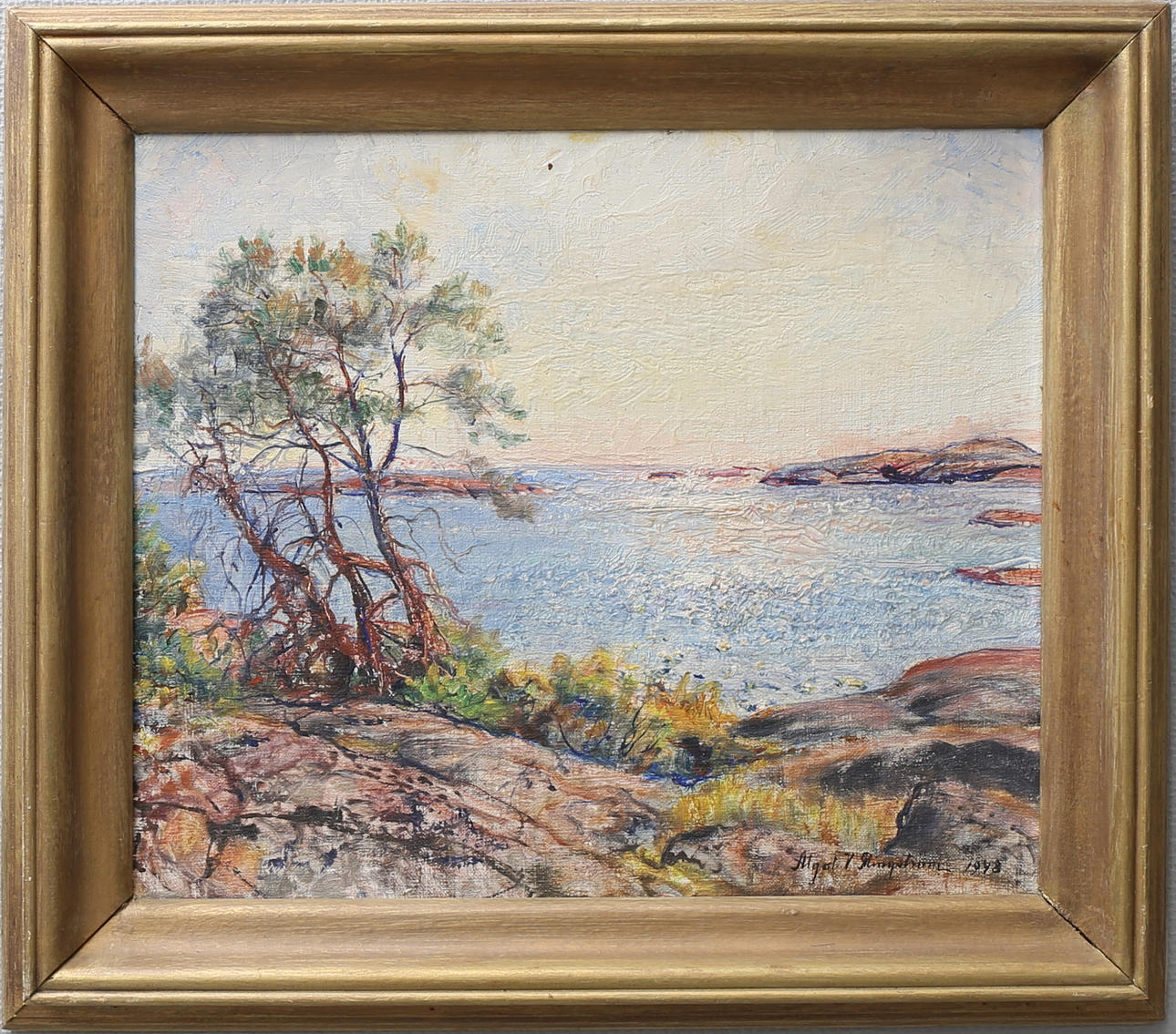 ALGOT V RINGSTRÖM. Kustlandskap. Olja på pannå, signerad och daterad 1948.