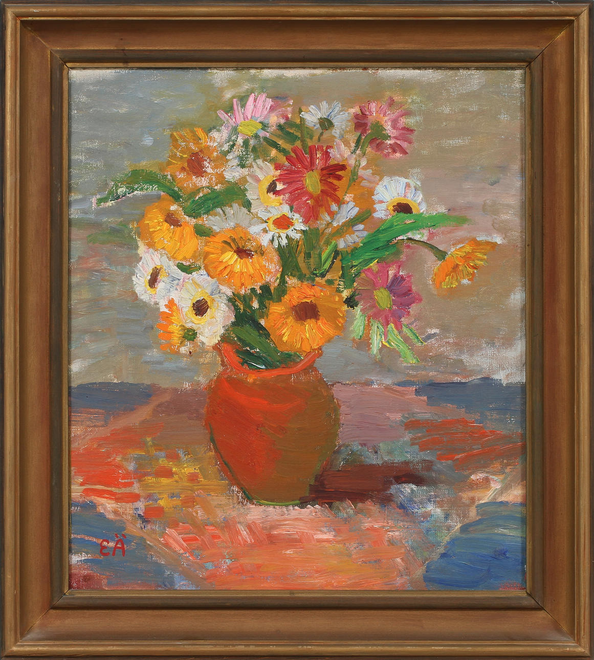 ERLING ÄRLINGSSON. Blommor i kruka, olja på duk, signerad EÄ.