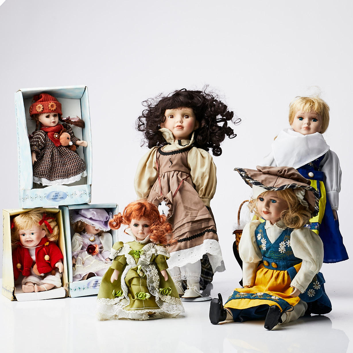 PORCELAIN DOLLS, 7 pcs, 1900s, 