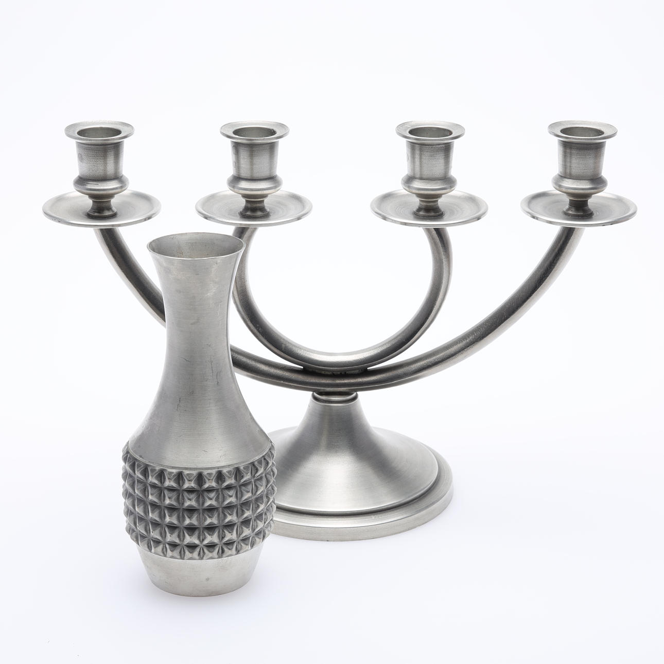 PEWTER OBJECTS, vase, candelabra, 2 parts.