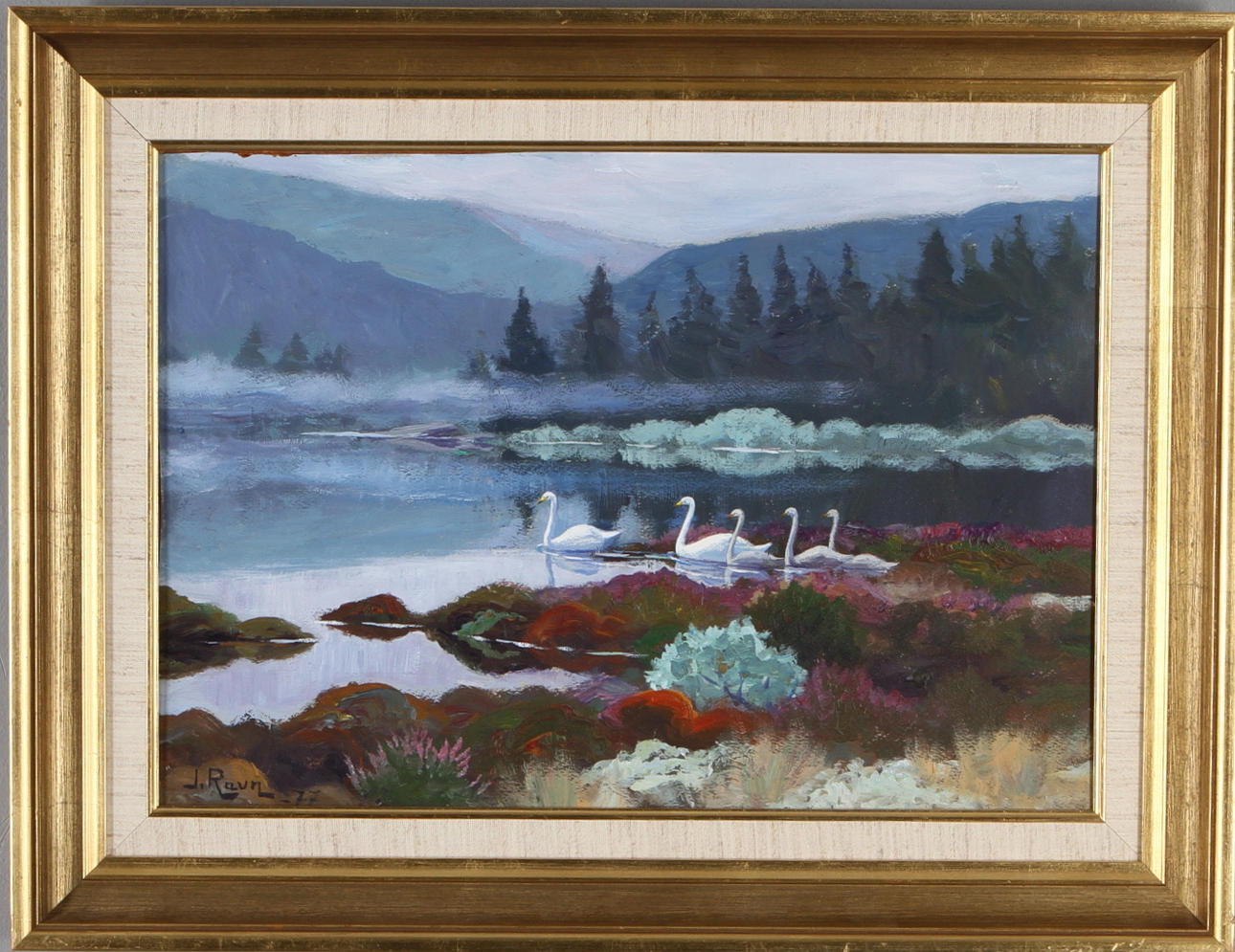 JOHANNES RAVN. svanar, olja på pannå, signerad samt daterad -77.