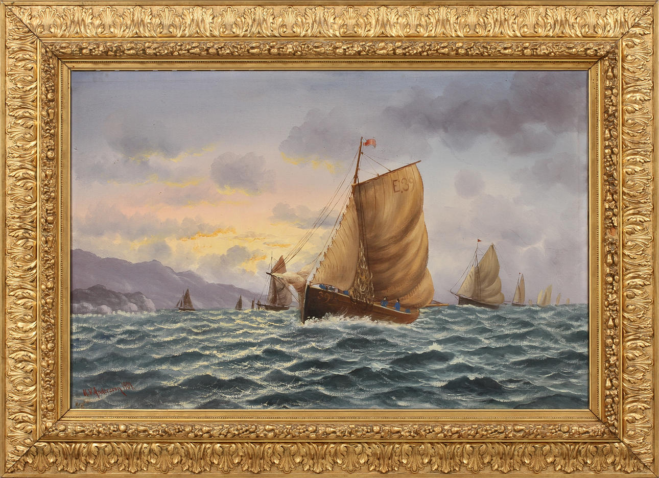 OIDENTIFIERAD KONSTNÄR. Kustbild med segelfartyg, olja på duk, signerad K V Andersson 1904.