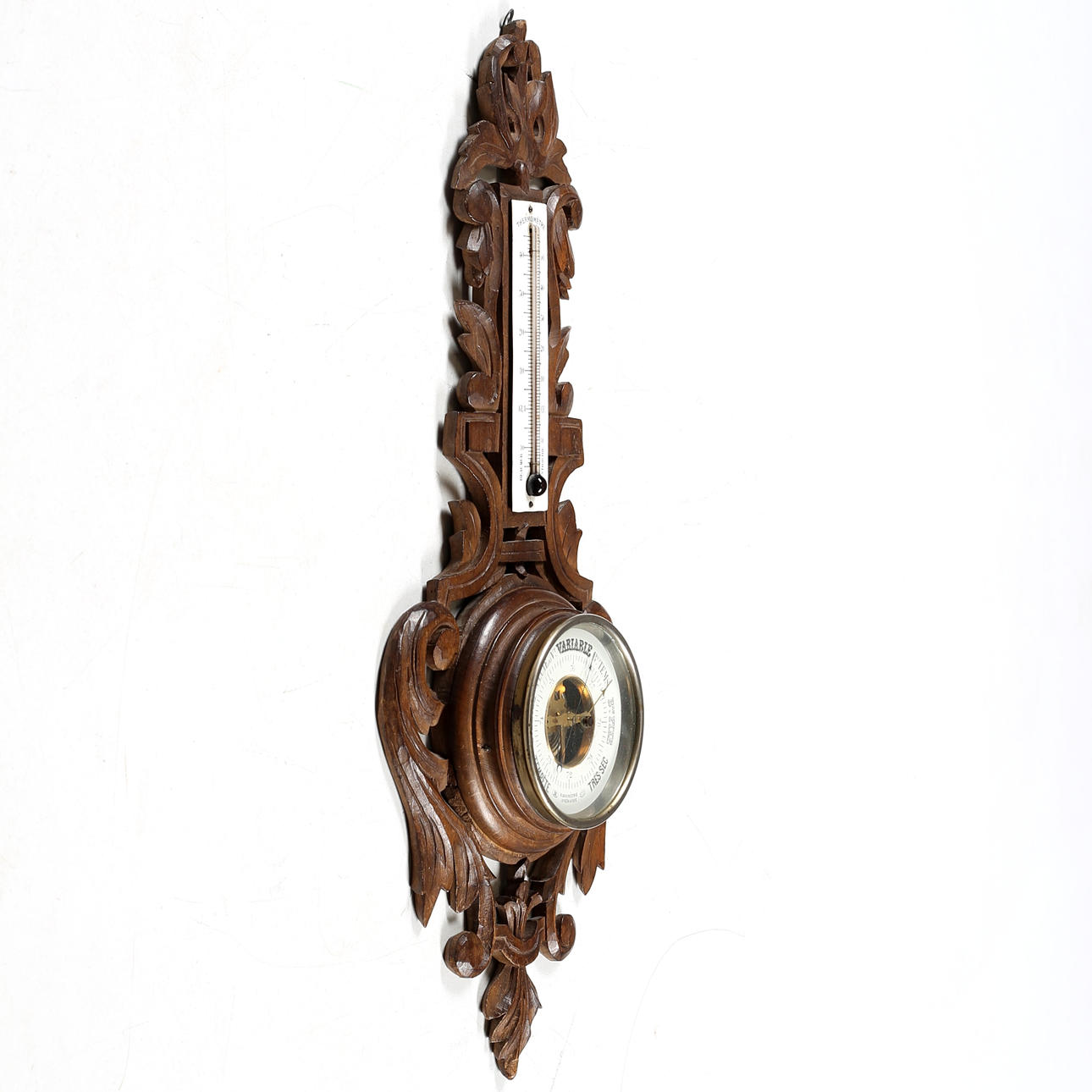 BAROMETER / THERMOMETER, carved wooden case.