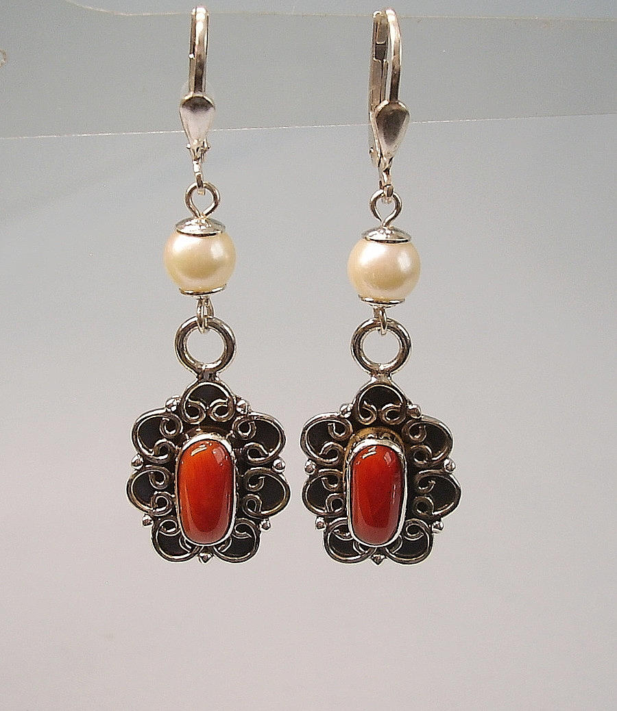 PENDIENTES CORAL CON PERLAS AKOYA, plata 925.