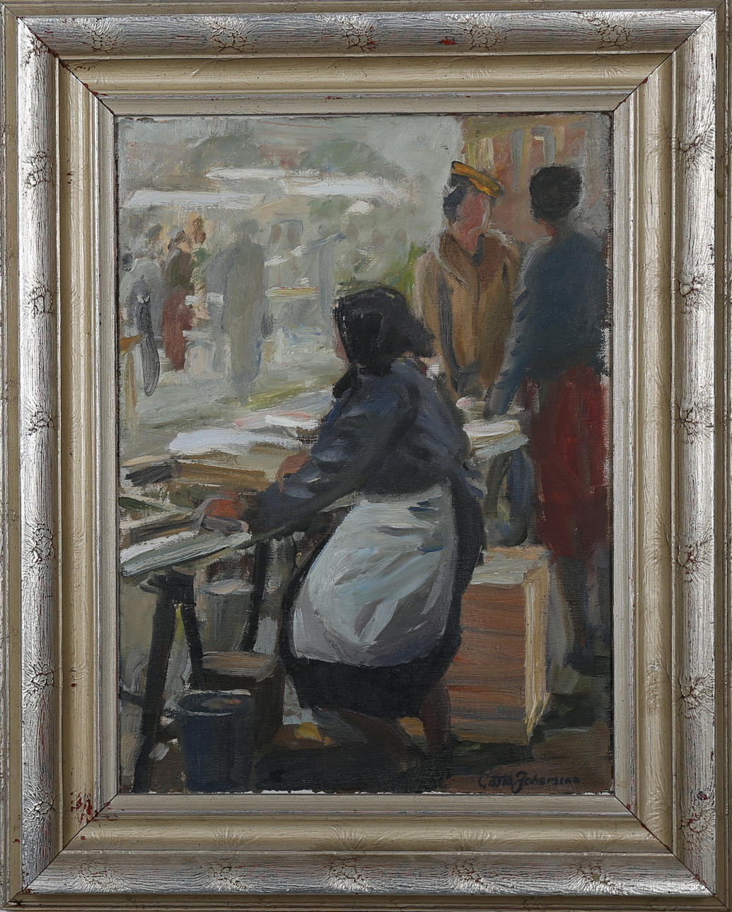 GÖSTA JOHANSSON. Olja på duk, "Från fisketorget" signerad.